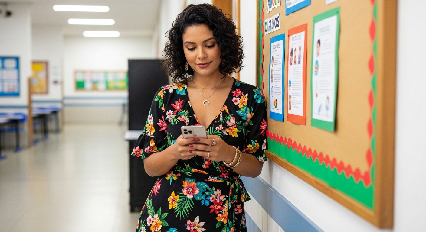 Professora usando sistema escolar digital em ambiente escolar moderno